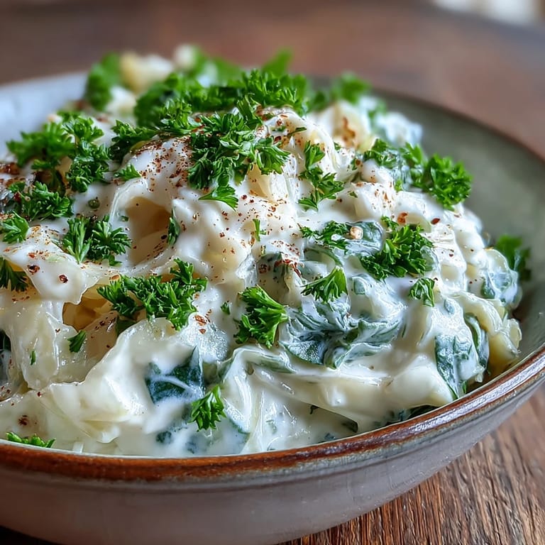 Zartes, saftiges Creamed Cabbage mit cremiger Sauce und dezenter Muskatnote auf Teller.
