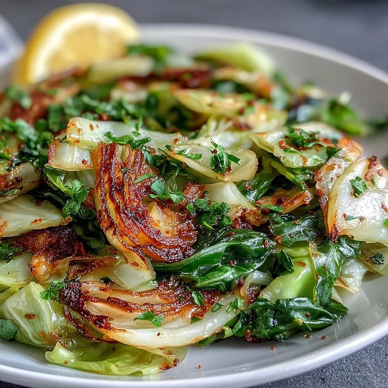 Mediterran gebratener Kohl mit Paprikapulver, Kreuzkümmel und Oregano, serviert mit Zitronenspalten für frische Säure.