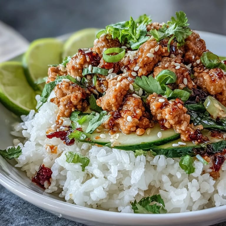 Dinner-Vibe: goldbraun gebratenes Puten-Hackfleisch glasiert in süß-scharfer Bang Bang-Sauce über Reis, rotem Kohl, frischen Gurken und feurigem Sriracha-Sesam-Topping.