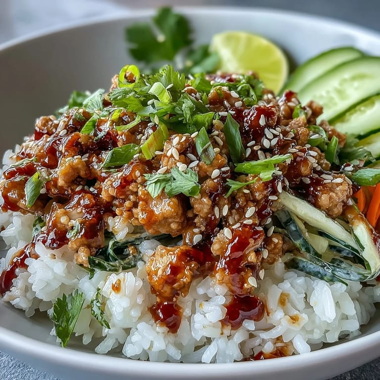 Familienfreundliche Bang Bang Ground Turkey Rice Bowls mit duftendem Jasminreis, knackigem Slaw aus Karotte und Kohl, würziger Pute und zitronig-scharfer Mayo-Sauce zum Aufgießen.