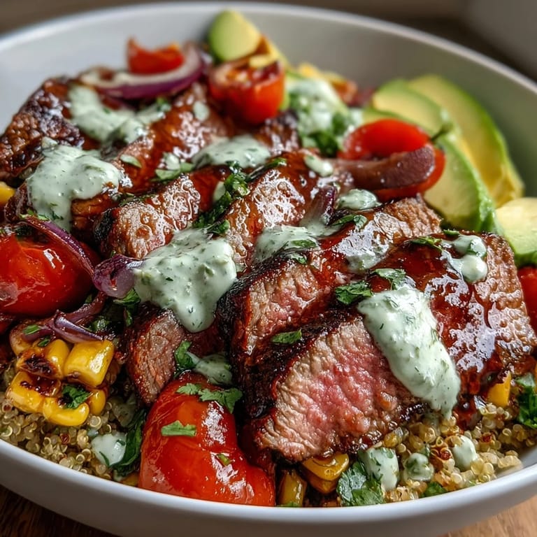 Saftiges Steak, weiche Avocado und knuspriger Mais in einer Tex-Mex-Schüssel, serviert mit Limettenvierteln und einer grünen Koriander-Sahne-Sauce.