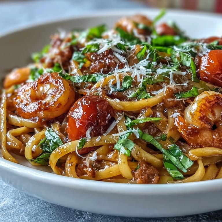 Frisch zubereitete Italian Drunken Noodles mit saftigen Shrimp, glänzender Rotweinsauce und würzigem Parmesan, serviert in einer rustikalen Schüssel.
