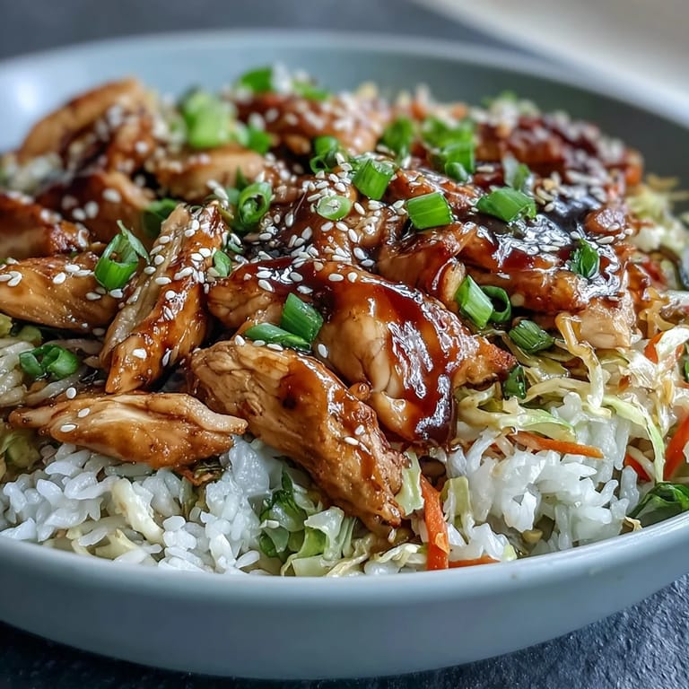 Sättigende Egg Roll Bowls mit glasiertem Hähnchen, knackigem Kohl und Karotten, serviert mit grünen Zwiebeln und Sriracha für den Kick.