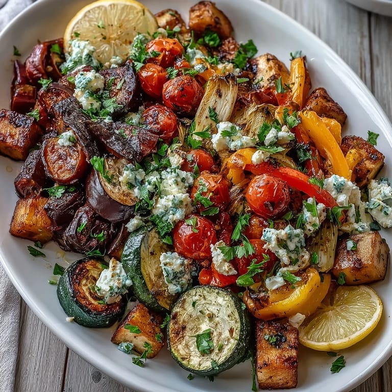 Geröstete mediterrane griechische Gemüse als leckere Beilage serviert, üppig mit buntem Gemüse und Kräutern auf einem Teller angerichtet.