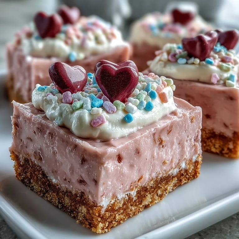 Serviert Candy Hearts Fake Cake mit rosa Zuckerguss und Regenbogenstreuseln auf Teller.