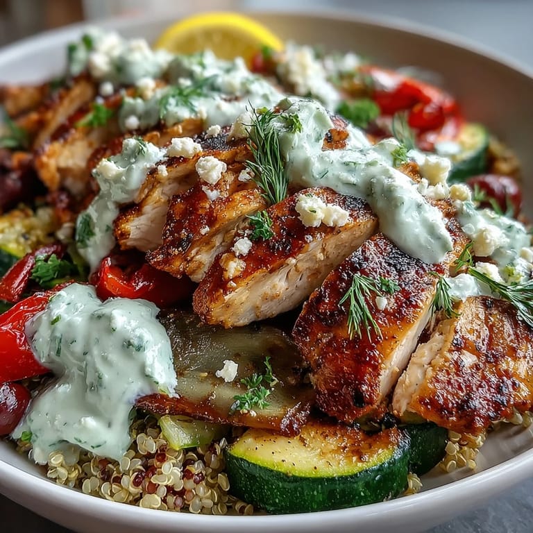 Savory grilled chicken or halloumi over fluffy quinoa, loaded with fresh veggies and tzatziki.
