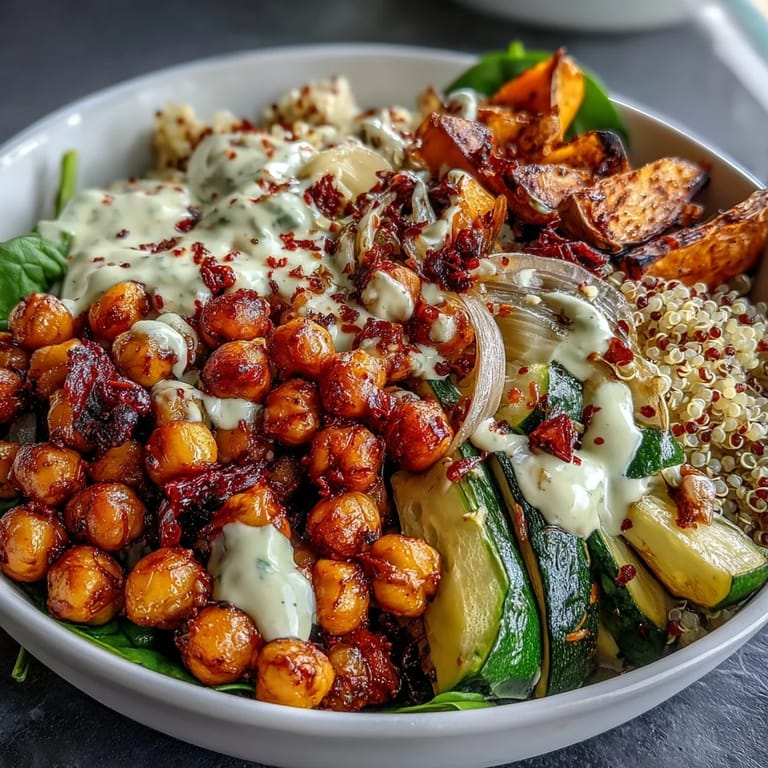 A vibrant Roasted Chickpea Power Bowl with hearty quinoa, tender sweet potatoes, and crunchy chickpeas, ready for a wholesome meal.