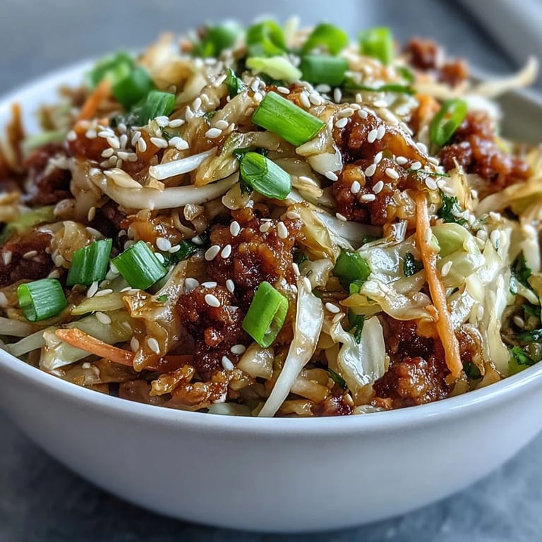 Herzhaftes Egg Roll in a Bowl, perfekt garniert und bereit zum Genießen.