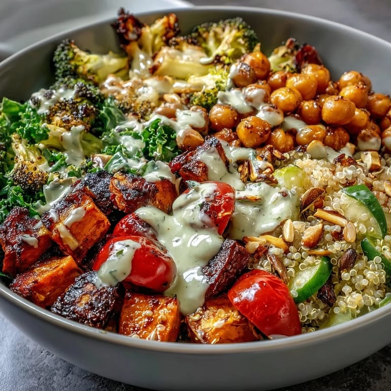 Colorful Meal Prep Week-Long Power Bowl served in a meal prep container, drizzled with zesty lemon-tahini dressing.
