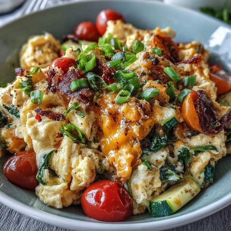Herzhaftes Rührei mit buntem Gemüse, zum Frühstück serviert.