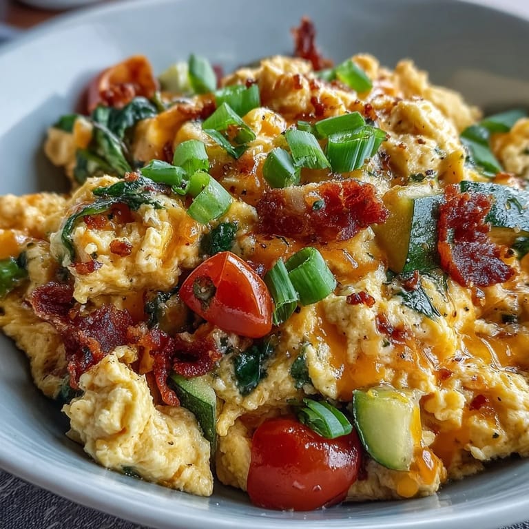 Gesundes Rührei-Gemüse-Schüsselchen mit geschmolzenem Käse zur Brotzeit.