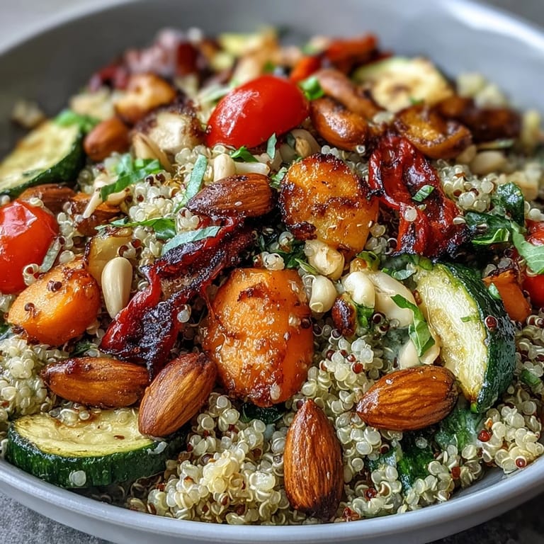 Genießen Sie diese köstliche Veggie und Quinoa Power Bowl mit knackigen Nüssen zum Abendessen.