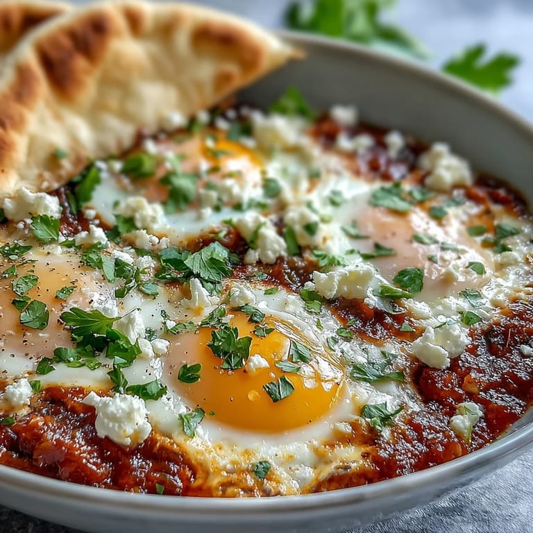 Hausgemachte Shakshuka Bowl, gespickt mit frischem Koriander und serviert für authentischen Genuss.
