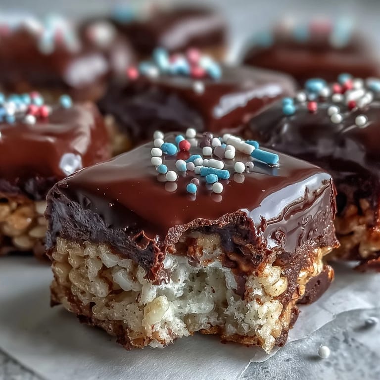 Gesprenkelte Schokoladenstücke und bunte Streusel bedecken die knusprigen Reiskuchen-Bars perfekt für Party-Desserts. 