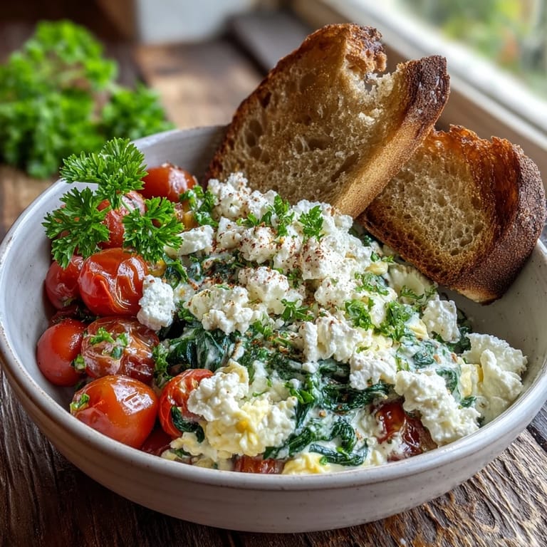 Herzhafte Spinat und Feta Frühstücksschüssel, mit fluffigen Eiern und knusprigem Toast.