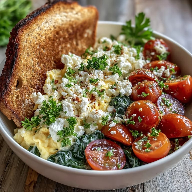 Mediterran inspirierte Spinat-Feta-Frühstücksschüssel, garniert mit frischer Petersilie auf dem Tisch.