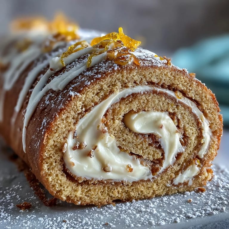 Gebackenes Hojicha Roll Cake, spiralförmig gewickelt mit hellbrauner Cremesicht und frischem Obst.