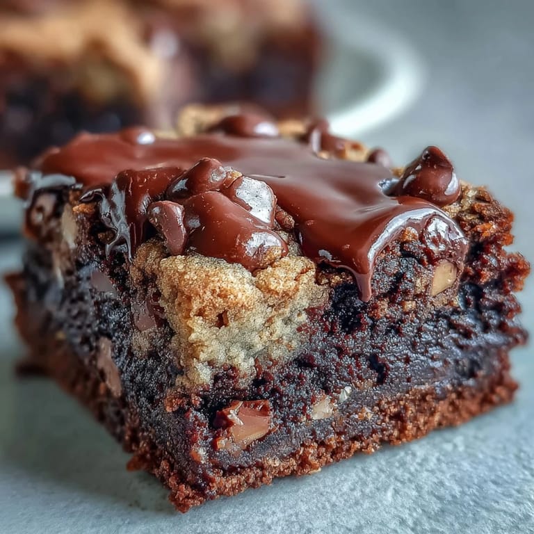 Saftige Hojicha Brookies auf Holzplatte, duftend nach geröstetem Tee und Schokolade.