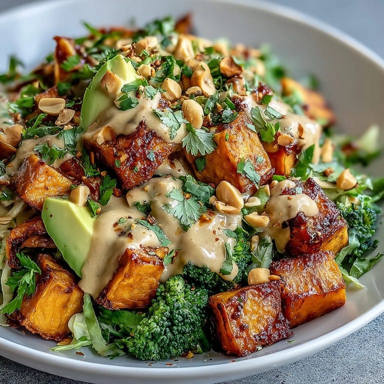 Thai Peanut Sweet Potato Buddha Bowl garniert mit Koriander und gehackten Erdnüssen.