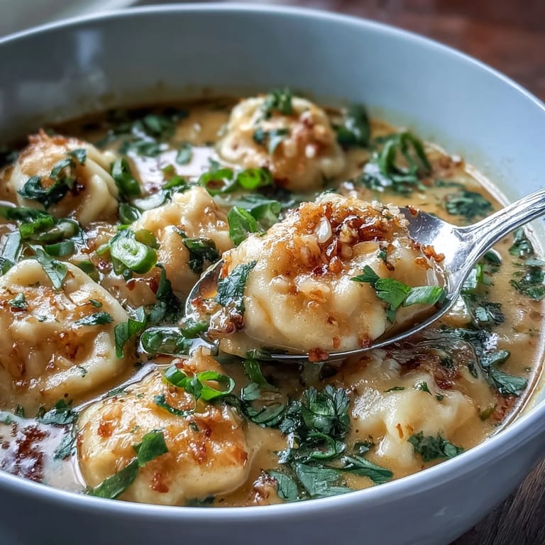 Köstliche Quick Coconut Curry Soup with Dumplings wird mit Chili-Öl und Koriander verfeinert.