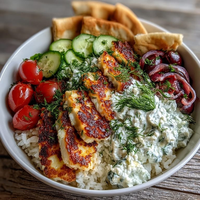 Frisch zubereitete Greek Halloumi Power Bowl mit Reis, Oliven und warmem Pita.