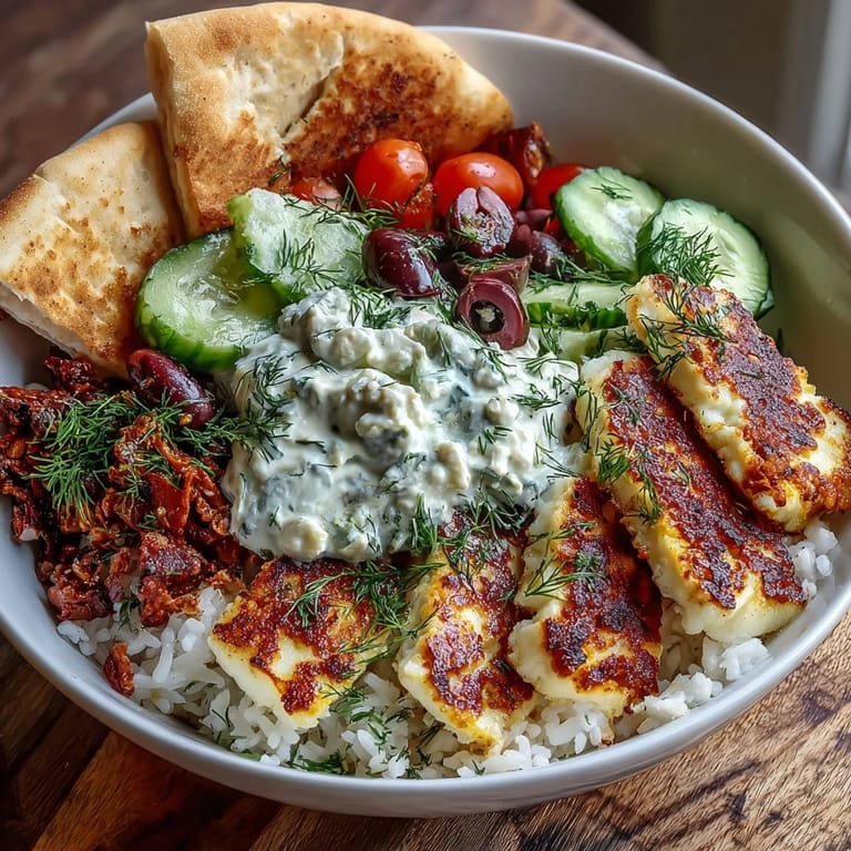 Saftig gebratene Halloumi-Käsestücke auf einer bunt belegten Mediterranean Power Bowl mit Tzatziki.