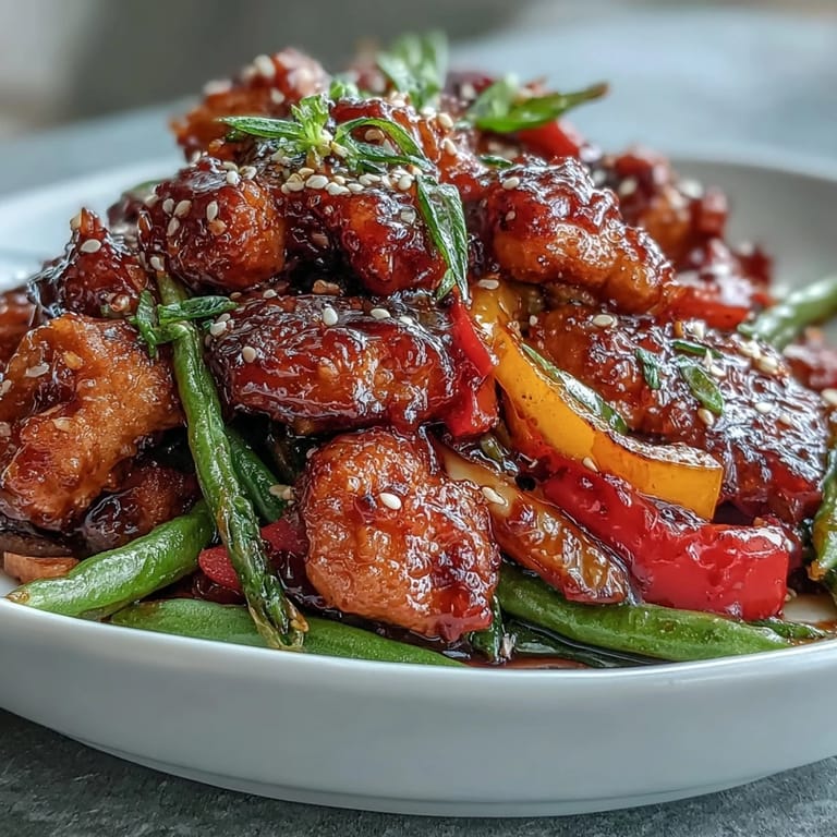 Auf Tellern mit Jasminreis serviertes Spicy Sweet Chicken Diablo, garniert mit Sesam und Frühlingszwiebeln.