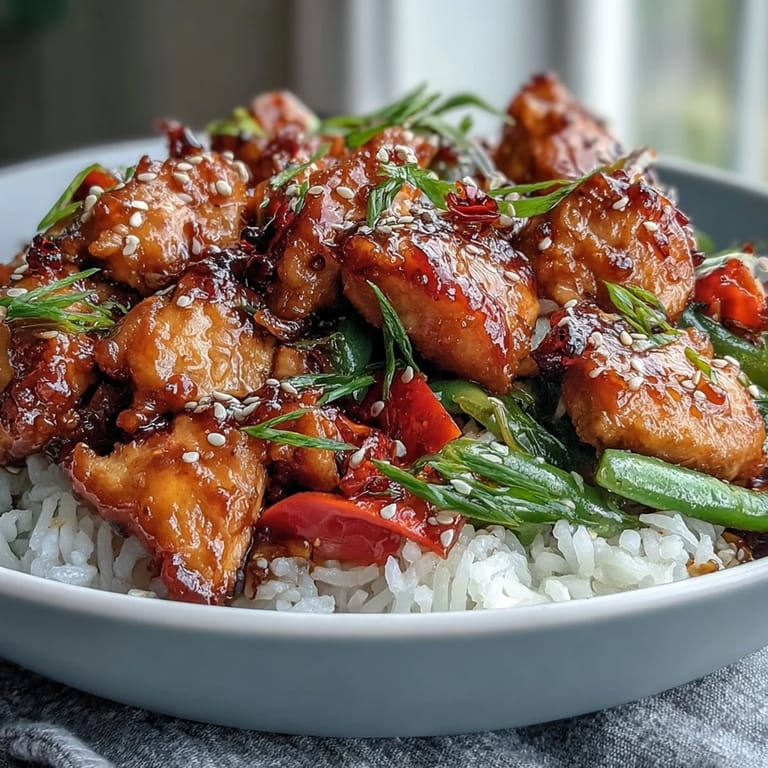 Saftige Hähnchenstücke in glasierter Süß-Scharf-Sauce mit bunten Sugar Snap Erbsen im Spicy Sweet Chicken Diablo.