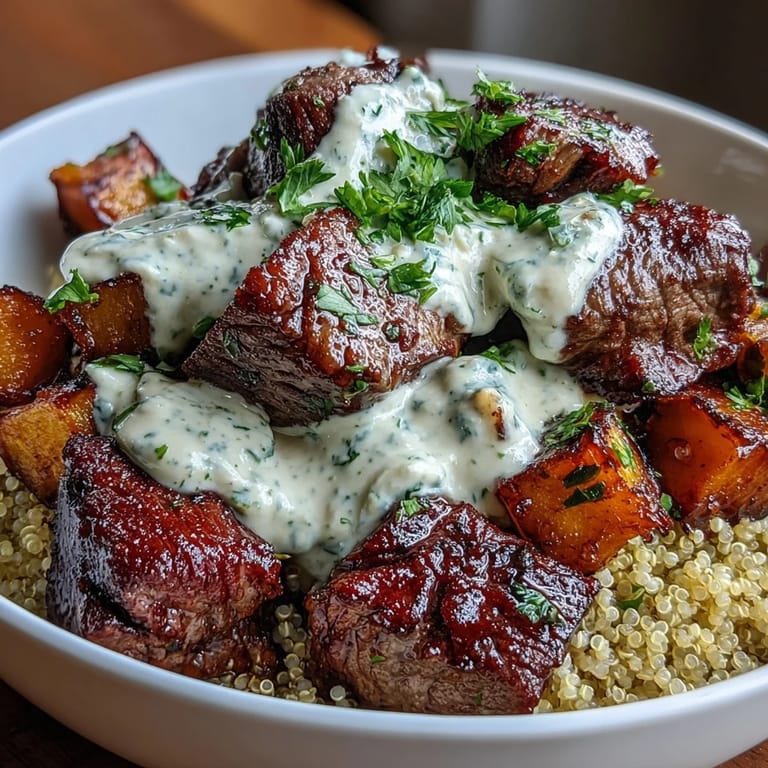 Creamy garlic herb sauce drizzled over steak and roasted squash in Savory Butternut Squash & Garlic Herb Steak Bowls.