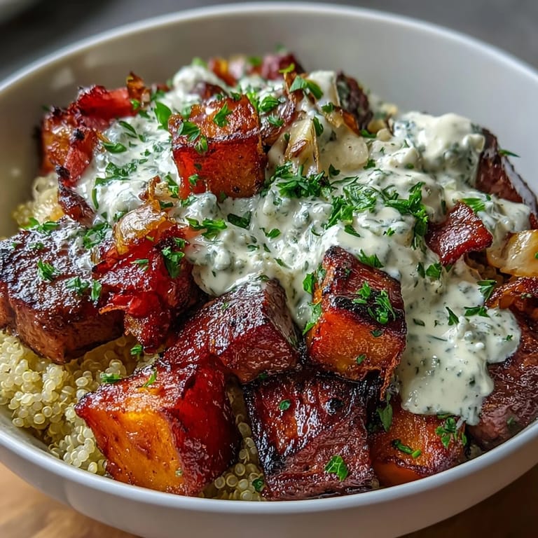 Ready-to-serve Savory Butternut Squash & Garlic Herb Steak Bowls with quinoa and fresh parsley garnish.