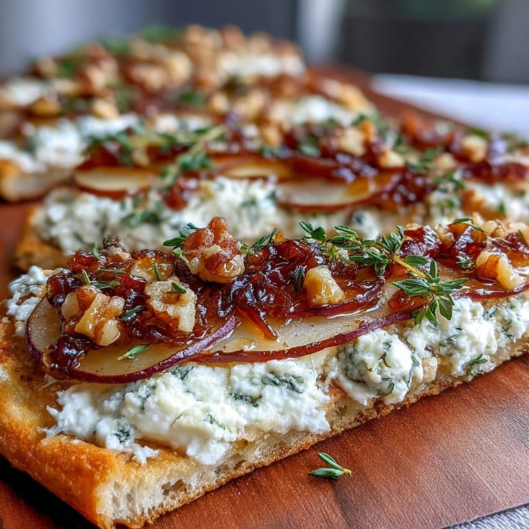 Eine warme Scheibe Goat Cheese & Pear Flatbread, übergossen mit süß-scharfem Hot Honey und würzigen Thymianblättern für den US-Klassiker.