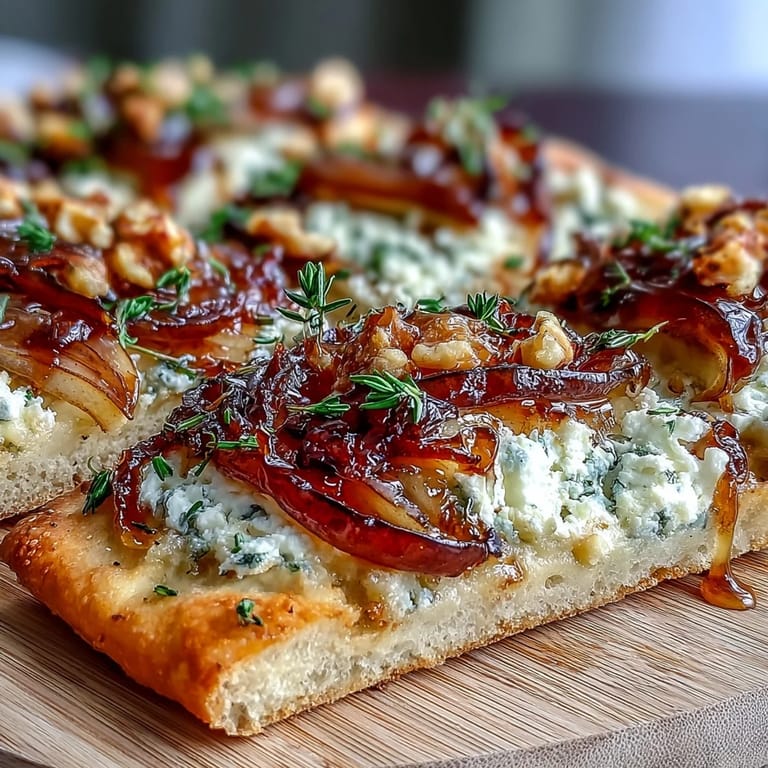Genussvoller Teller mit Goat Cheese & Pear Flatbread, belegt mit saftigen Birnenscheiben und Caramelized Onions, serviert mit Nüssen und frischem Salat.