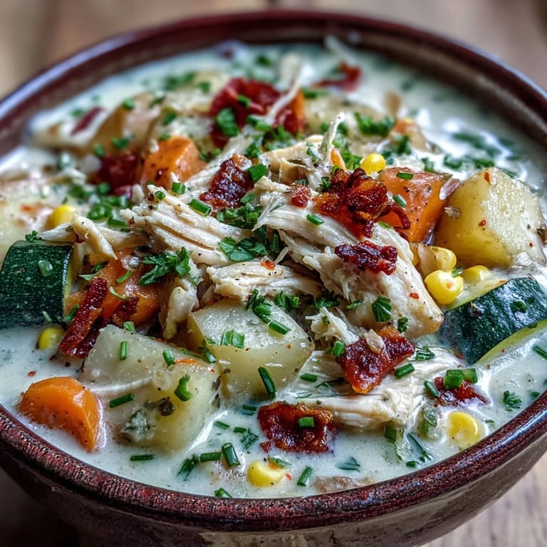 Köstliche Ranch Chicken Veggie Soup mit buntem Gemüse und cremiger Brühe, serviert mit knusprigem Brot.