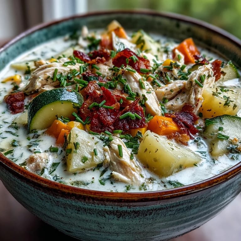 Tröstliche Ranch Chicken Veggie Soup dampfend im Topf, mit frischen Kräutern und zartem Hähnchenfleisch.