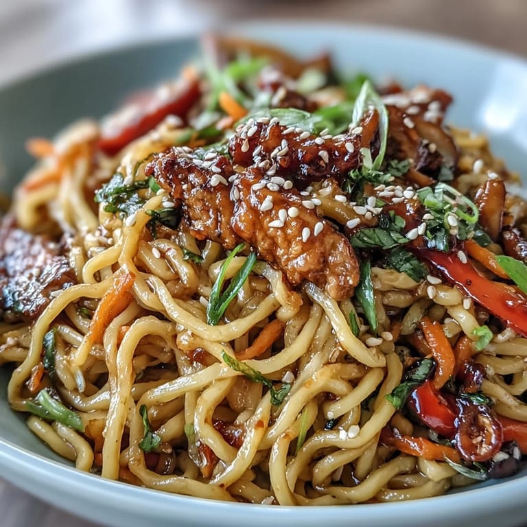 Wok-tossed Korean Turkey Fried Noodles, glazed in spicy gochujang sauce, topped with scallions and seeds.