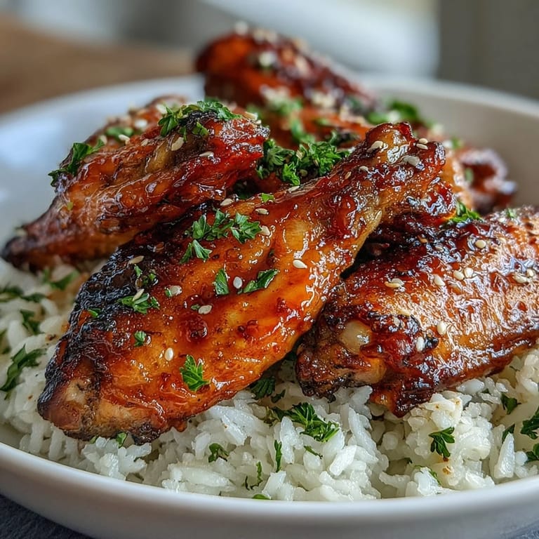 Crispy Oven-Baked Honey Garlic Chicken Wings & Rice served with green onions and a drizzle of sauce.