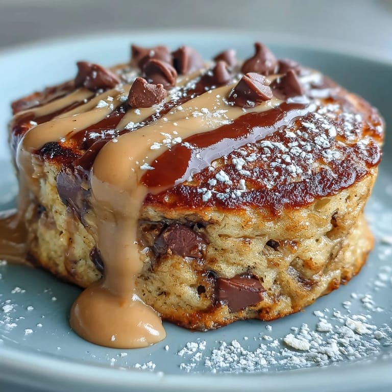 Reichhaltige Peanut Butter Cup Protein Pancake Bowl garniert mit Bananenscheiben und gehackten Erdnüssen auf dem Frühstückstisch.