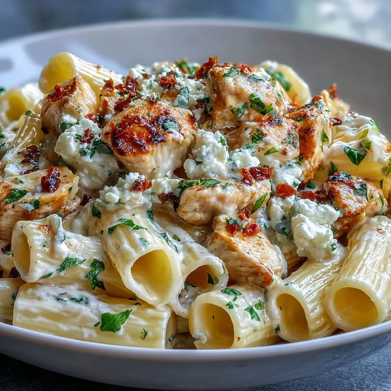 Eine große Schüssel heißer Creamy Lemon Feta Chicken Pasta mit frischem Petersilien-Garnitur und Parmesan-Raspeln.