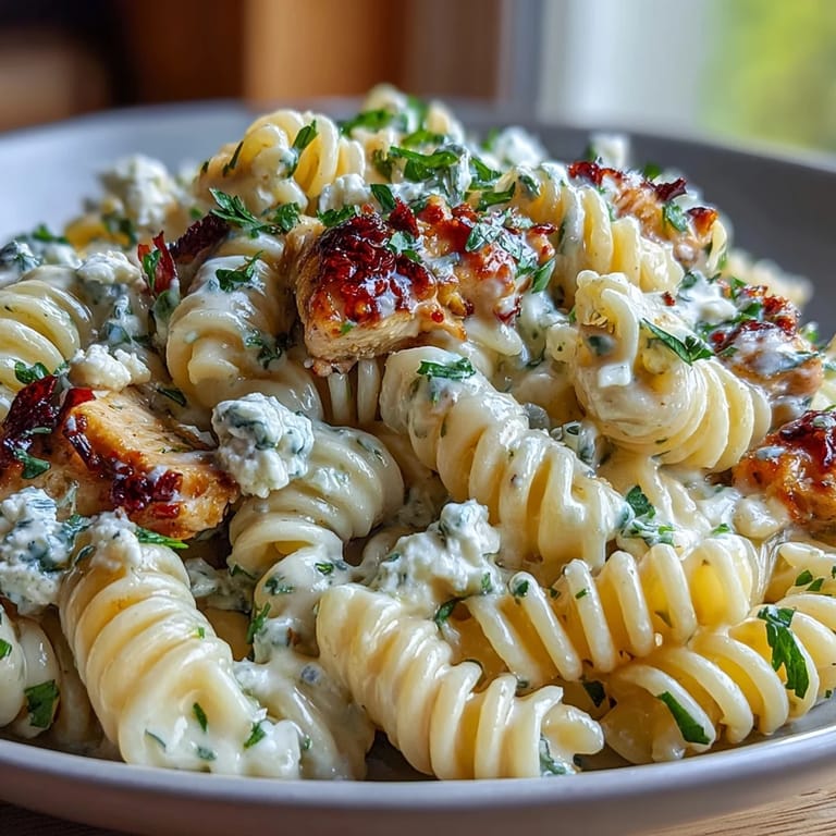 Fruchtbare Zitronennoten und zerlassener Feta auf den Penne-Nudeln der Creamy Lemon Feta Chicken Pasta.