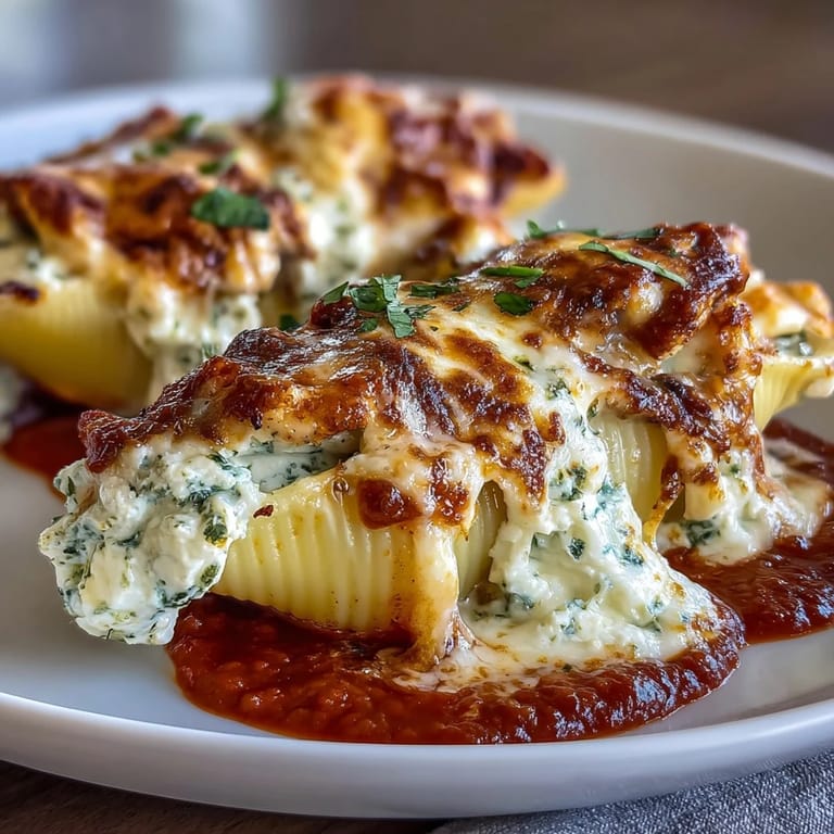 Cremige Ricotta Füllung in riesigen Nudelschalen mit Hähnchen und Pesto, gebacken bis sie blubbern.