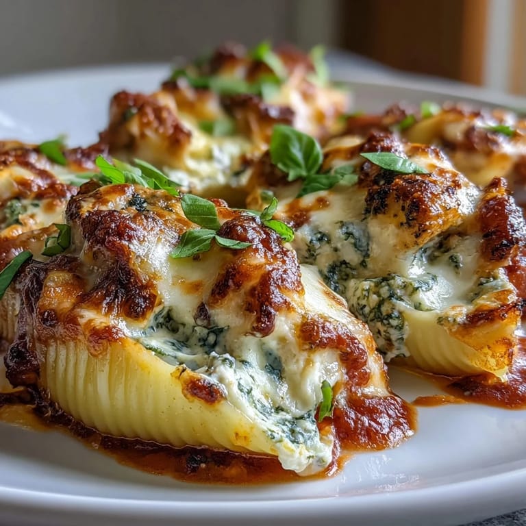 Italienisch-Amerikanisches Comfort Food: Pesto Lasagna Stuffed Shells mit Marinara Sauce und geschmolzenem Mozzarella.