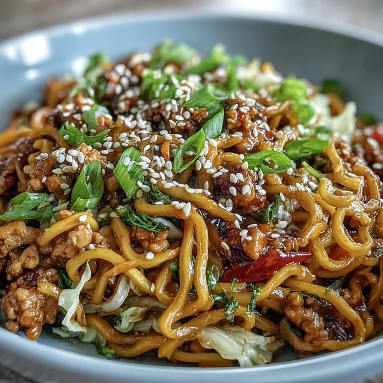 Frisch gebratene Korean Turkey Fried Noodles mit Sesam und grünen Zwiebeln garniert.