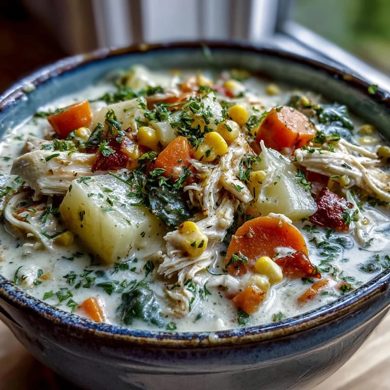 Creamy Ranch Chicken Veggie Soup served steaming hot, garnished with parsley alongside crusty artisan bread.