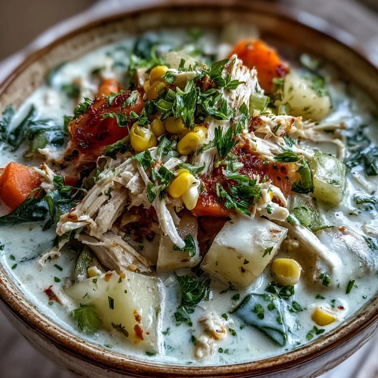 Potato and spinach Ranch Chicken Veggie Soup ladled into a white bowl, fresh herbs sprinkled over the creamy chowder.
