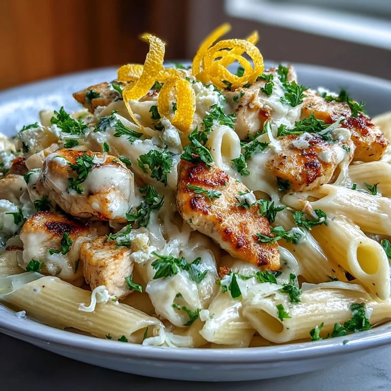 Saftiges Hähnchen in cremiger Sauce auf der cremigen Zitronen Feta Hähnchen Pasta, dampfend heiß.