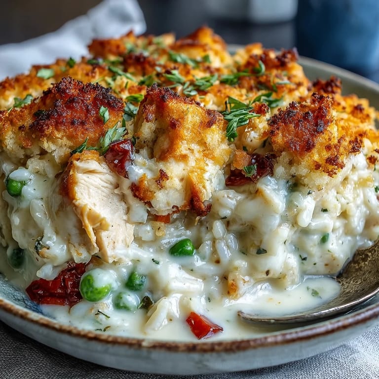 Eine reichhaltige Cremige Knoblauch-Hähnchen & Reis Auflauf Portion, angerichtet mit Salat und Goldkartoffeln für ein komplettes Abendessen.