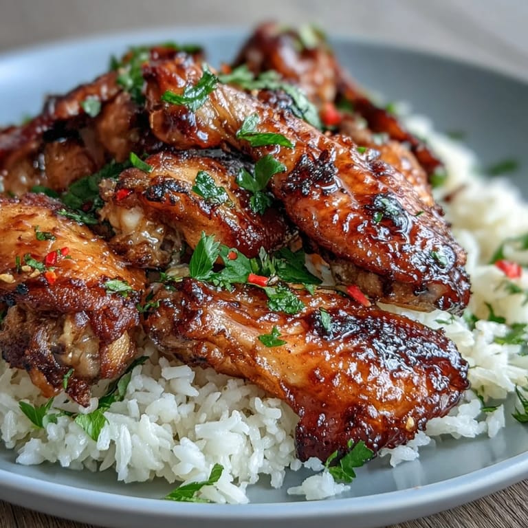Gebackene Honig-Knoblauch-Hähnchenflügel mit Reis: Duftende Flügel mit glasierter, würziger Sauce serviert auf butterigem, flockigem Reis für ein komfortables Essen.