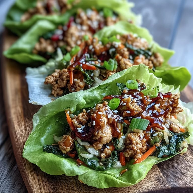 Goldbraun gebratene Turkey Potsticker Stir-Fry Lettuce Wraps mit glasigem Ingwer-Soja-Glasur auf einem rustikalen Holzbrett.