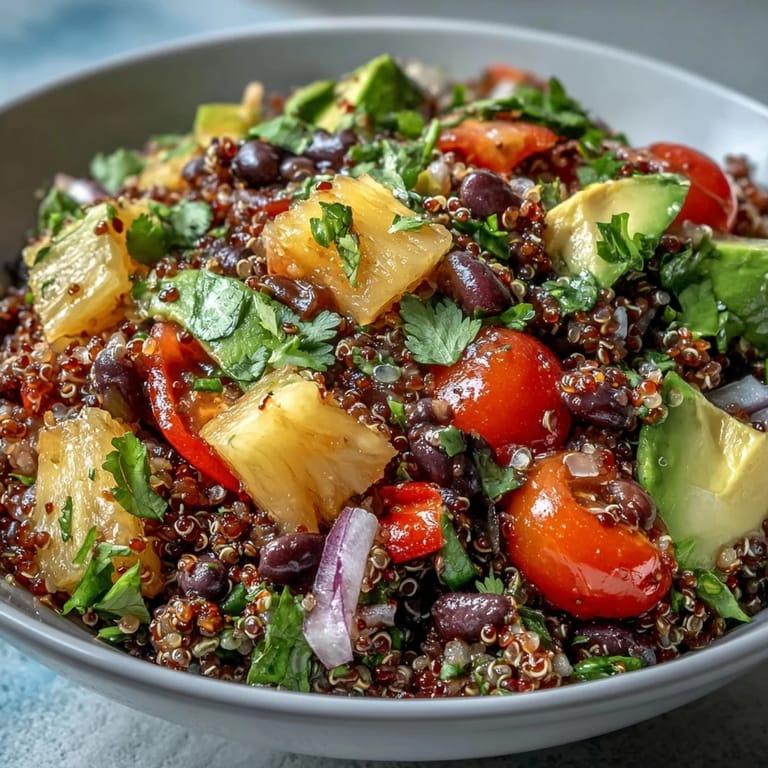 Beleuchteter Tropical Quinoa Salad mit cremiger Avocado, saftiger Ananas und schwarzen Bohnen für einen veganen Sommertag.
