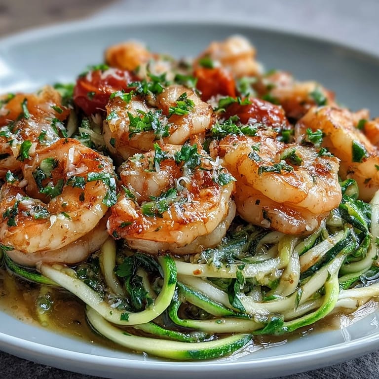 Ein leckeres Skinny Shrimp Scampi mit Zucchini Noodles garniert mit Petersilie und optionaler Parmesan-Herberge.